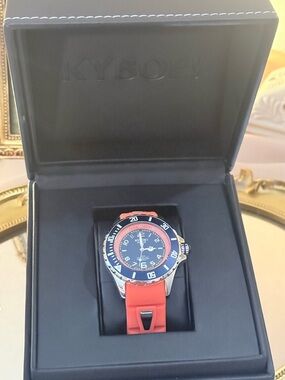 Men's Blue Dial Watch with Orange Silicone Strap